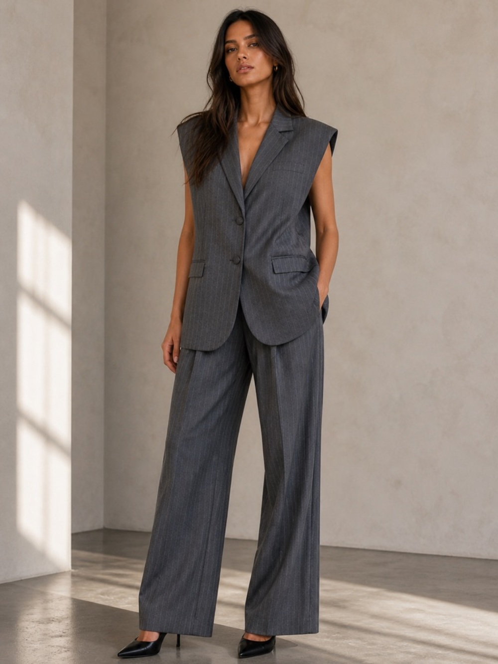 Torn by Ronny Kobo Oaklyn Pinstripe Oversized Shoulder Pad Vest